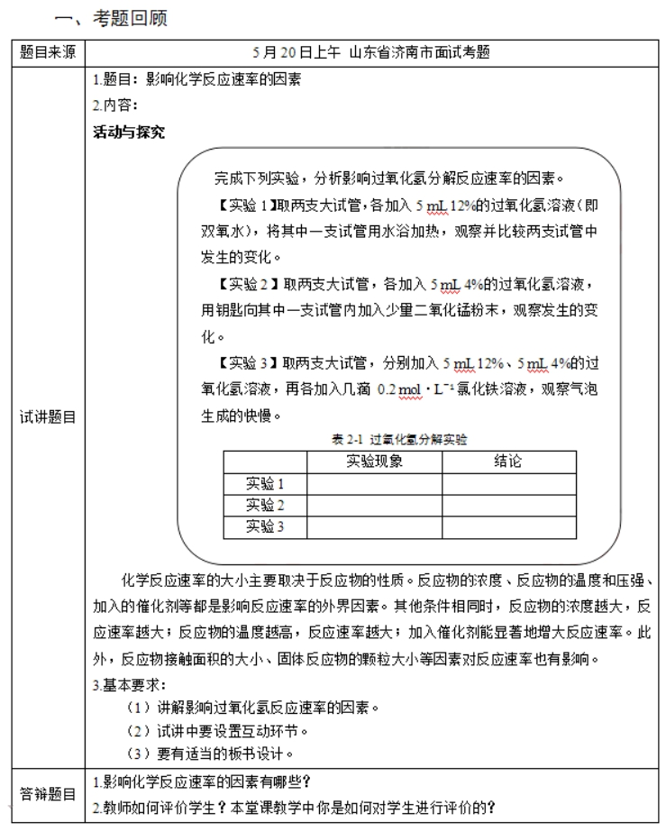 幼儿中小学面试,历年真题,教师资格证考试《高中化学专业面试》真题汇编