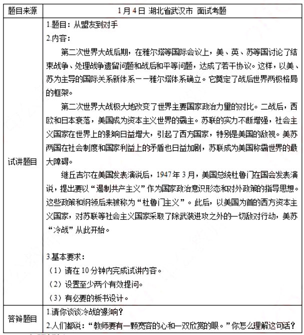 幼儿中小学面试,历年真题,教师资格证考试《高中历史专业面试》真题汇编