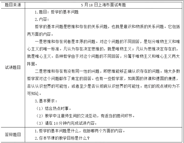 幼儿中小学面试,历年真题,教师资格证考试《高中政治专业面试》真题汇编