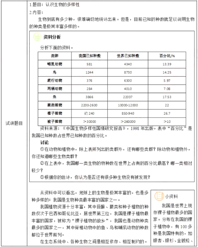 幼儿中小学面试,历年真题,教师资格证考试《初中生物专业面试》真题汇编