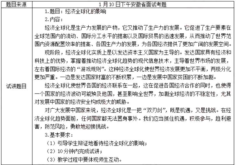 幼儿中小学面试,历年真题,教师资格证考试《高中政治专业面试》真题汇编